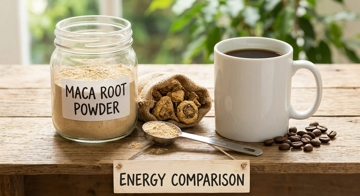 Maca root powder and capsules compared with coffee for caffeine free energy and stamina