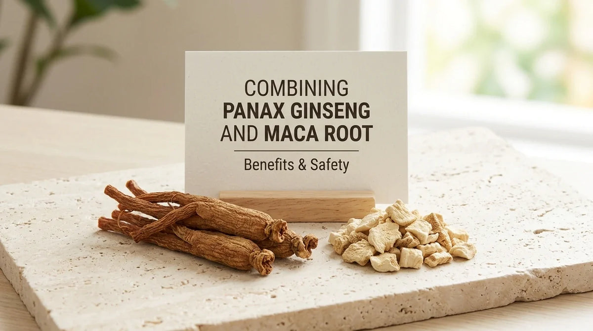  Panax ginseng and maca root supplements side by side for energy and vitality support