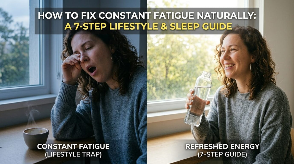 Seven lifestyle habits for constant fatigue including sleep, hydration, morning sunlight, balanced meals, and daily movement