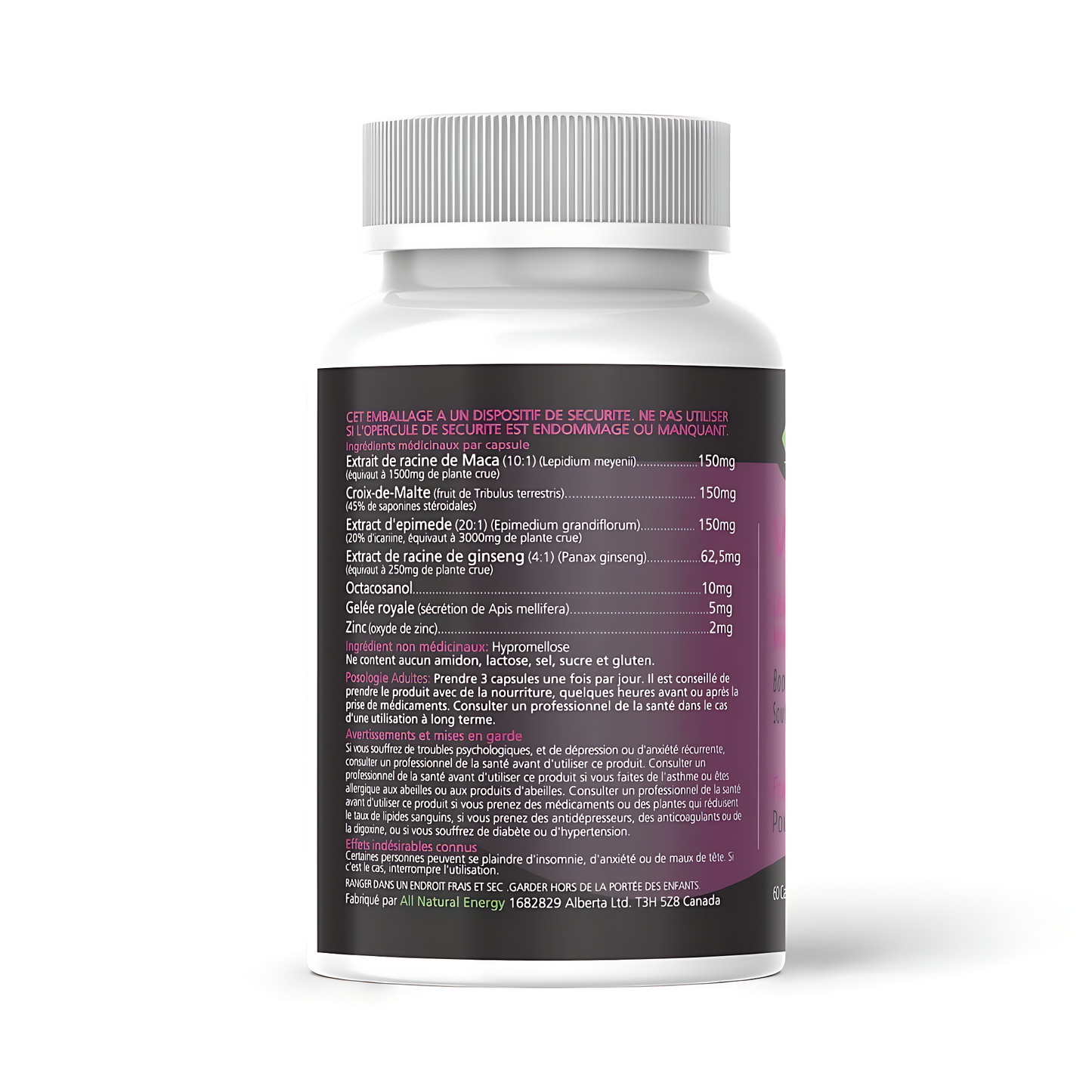 Vitalitas Libido Booster For Her – supplement facts label with maca, ginseng, tribulus, and natural herbal blend