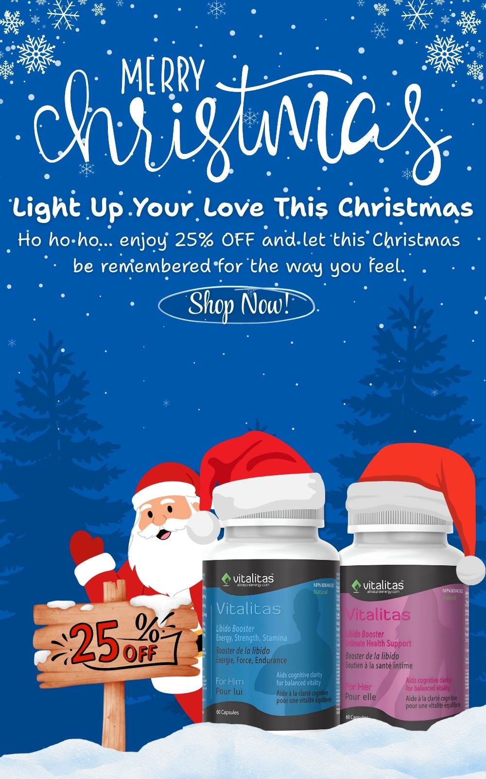 Christmas sale banner offering 25% off supplements at All Natural Energy