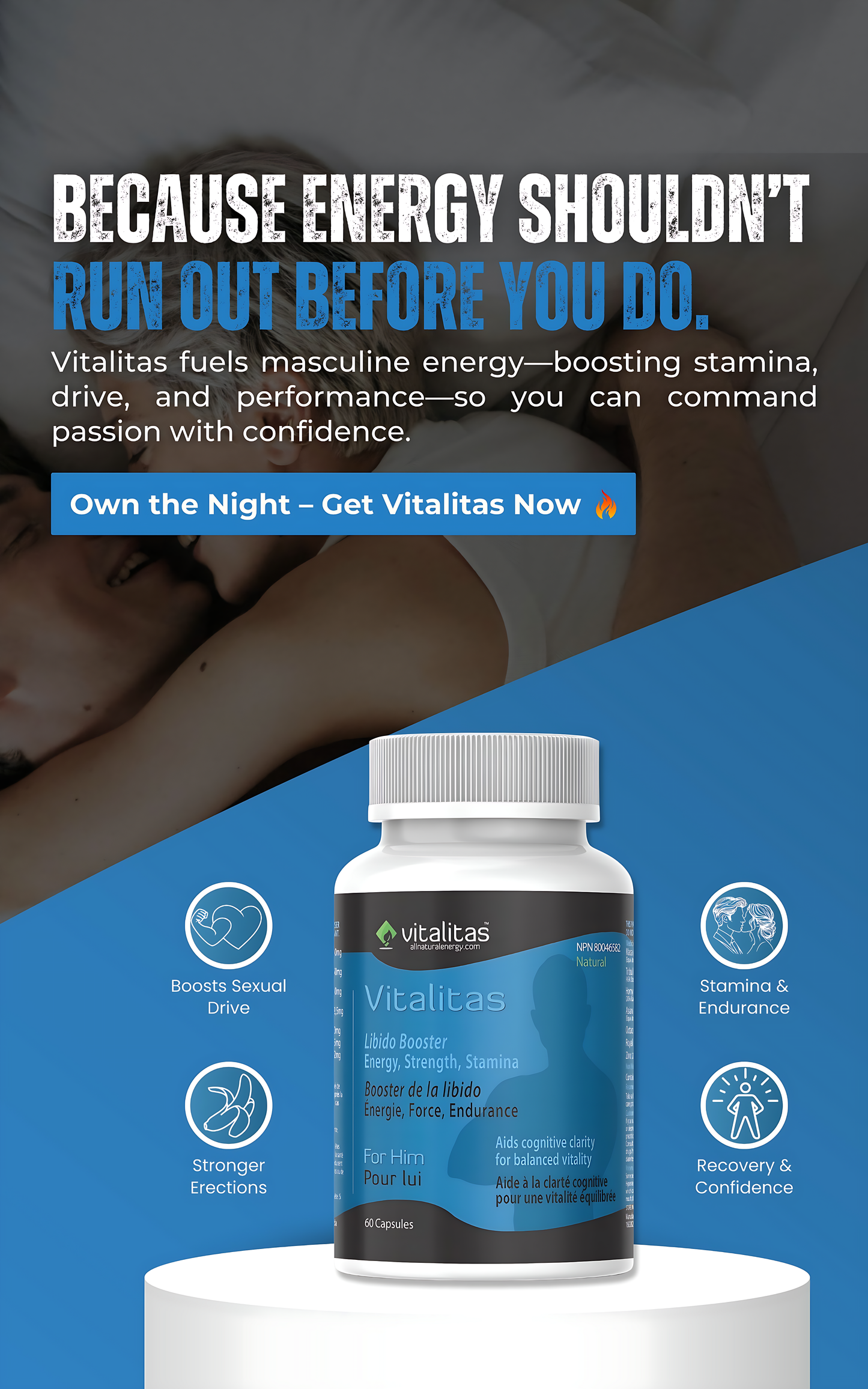 Vitalitas male supplement promoting stamina, endurance, stronger drive, and confidence.