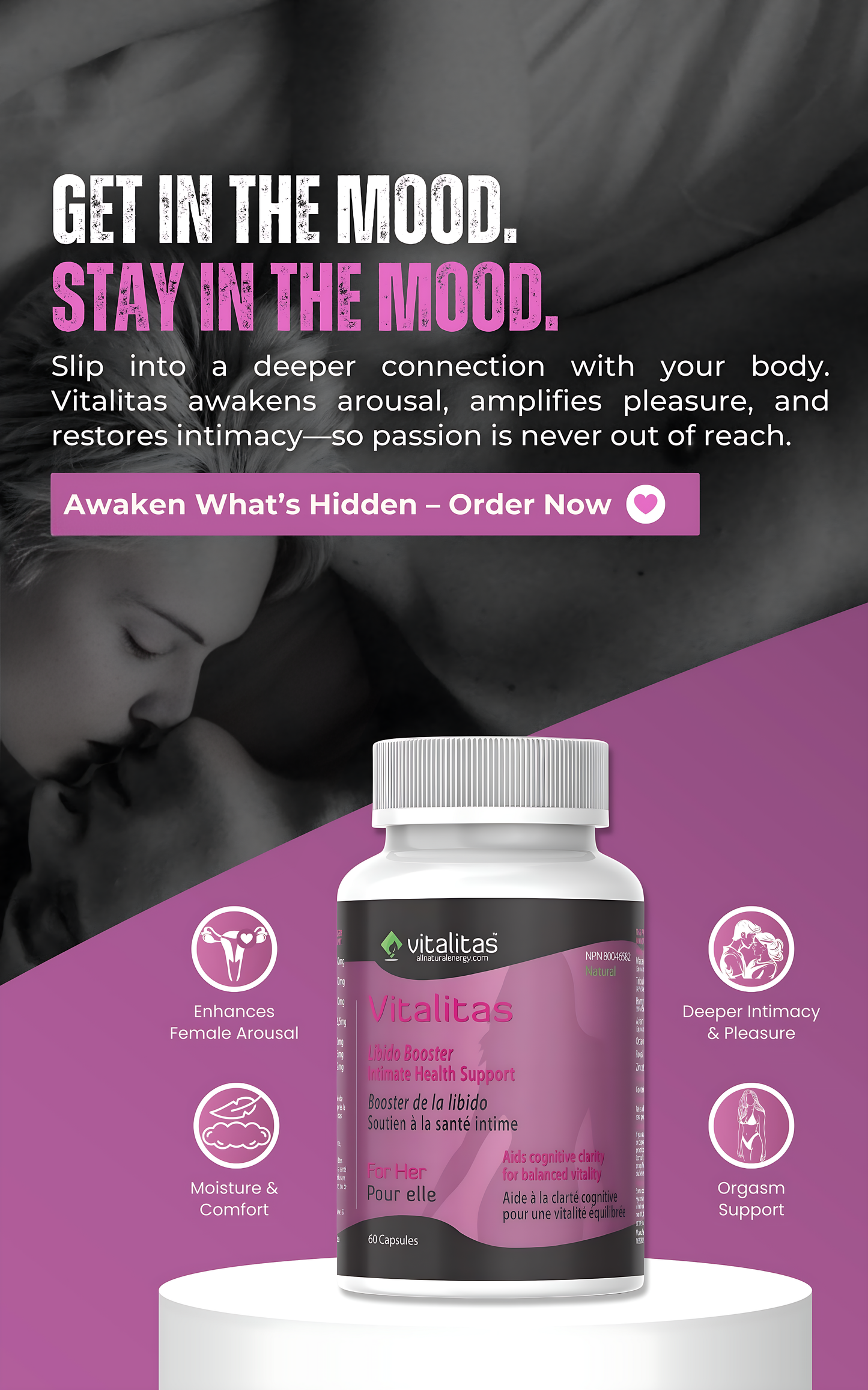 Vitalitas women’s supplement for arousal, pleasure, and deeper intimacy, shown in vertical design.