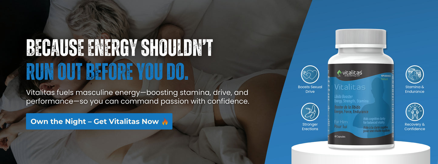 Vitalitas male performance supplement bottle with benefits including stamina, drive, and energy boost