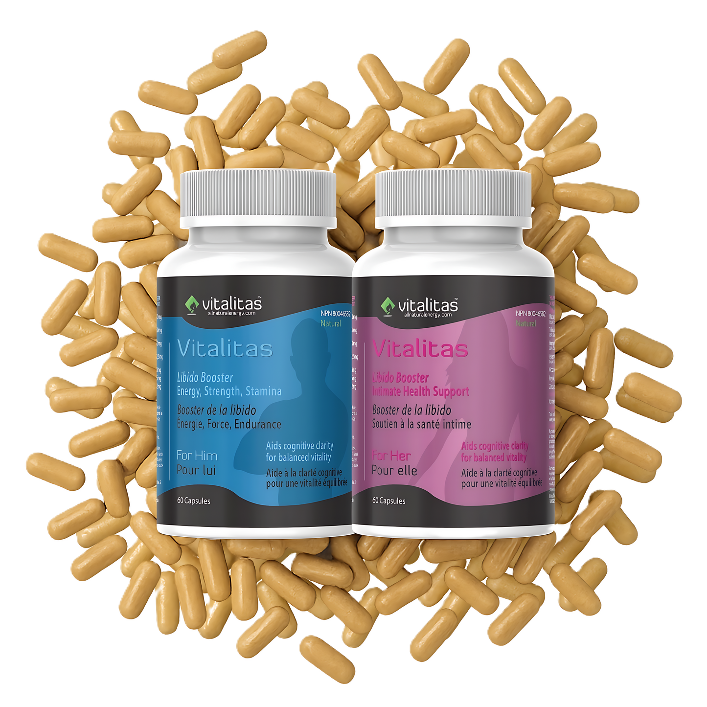 Two Vitalitas supplement bottles surrounded by capsules